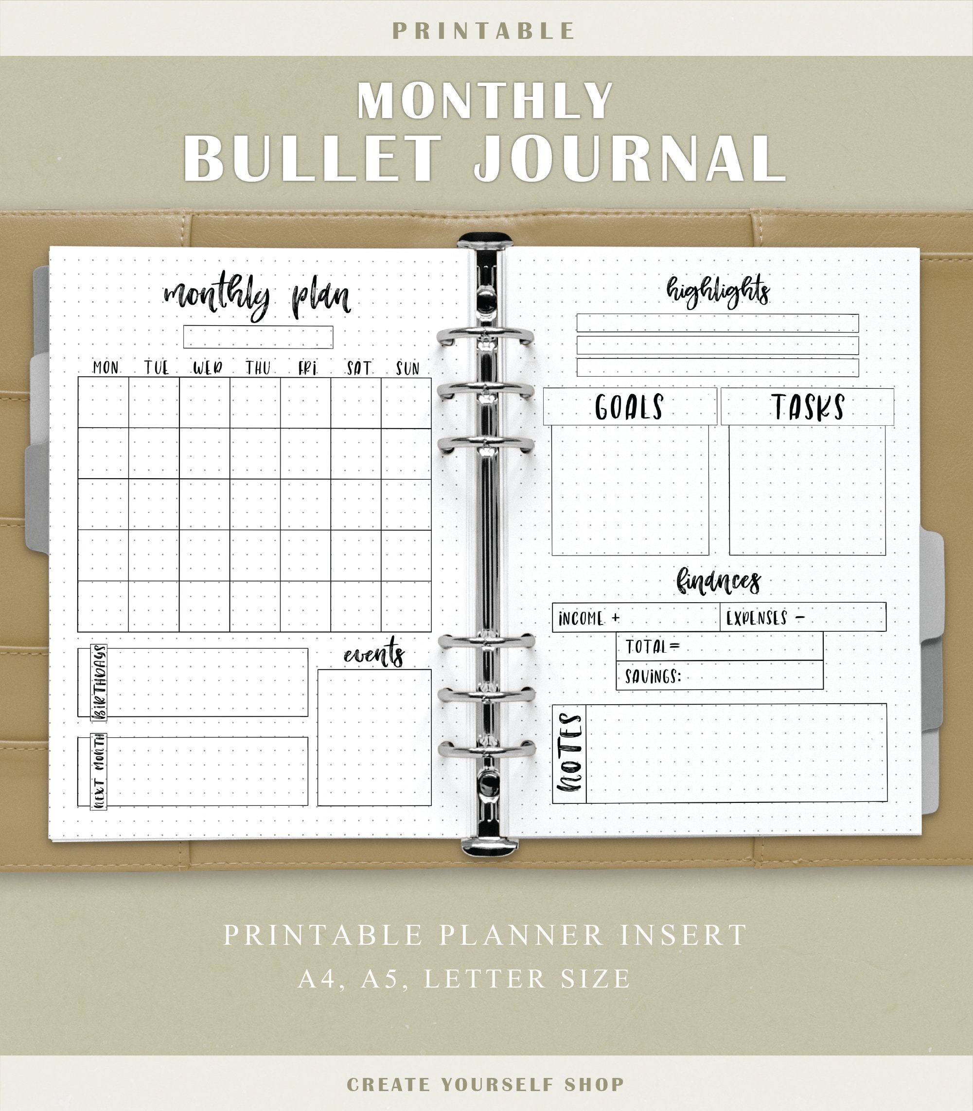 Monthly Journal Printable Planner Insert, Dot Planner, Monthly Planner,  Journal Refill, A4, A5, US Letter Size Planner Pages 