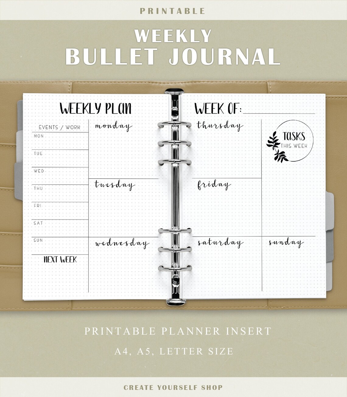 Bullet Journal Printable Bullet Journal Insert Weekly - Etsy