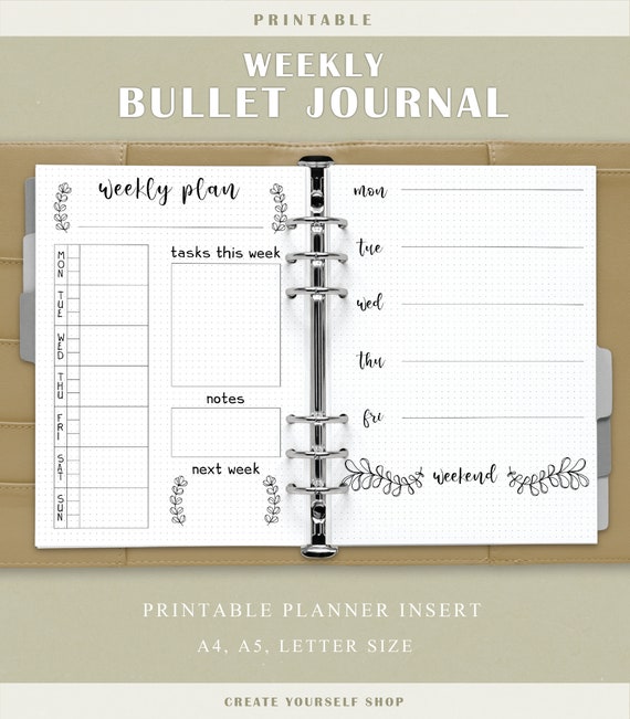 Weekly bullet journal printable - weekly planner, printable bullet journal,  dot grid journal, planner insert, pre made dotted journal