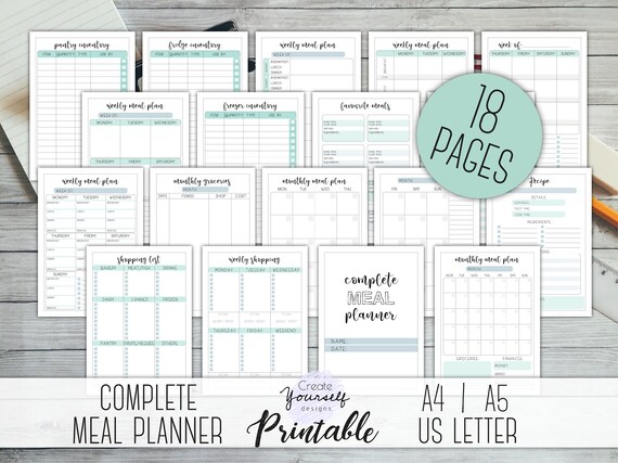 complete meal planner printable meal planner kit grocery checklist weekly meal planner monthly meal plan food planner diet planner diet planner