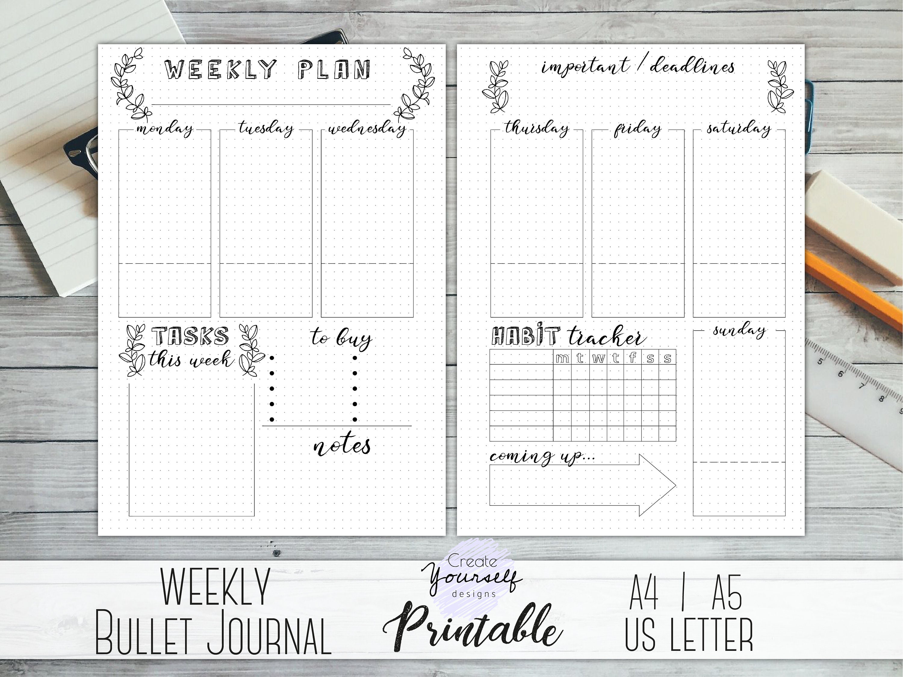 Printable bullet journal weekly bullet journal pages weekly | Etsy