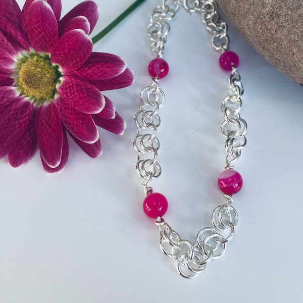 Sterling Silver Pink Agate Bracelet, Silver Bracelet, Pink Bracelet, Gemstone Bracelet, Chain Link Bracelet, Pink Agate