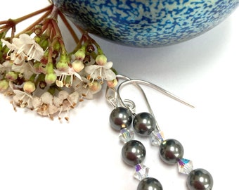 Sterling Silver Swarovski Grey Pearl and Crystal Earrings, Pearl Earrings, Drop Earrings, Dangly Earrings, Grey Earrings, Silver Earrings