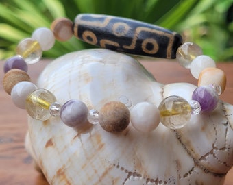 Antique Nine Eye Dzi bracelet. Powerful Tibetan talisman for protection and happiness. Old Dzi, Petrified Woodstone, Moonstone and Amethyst