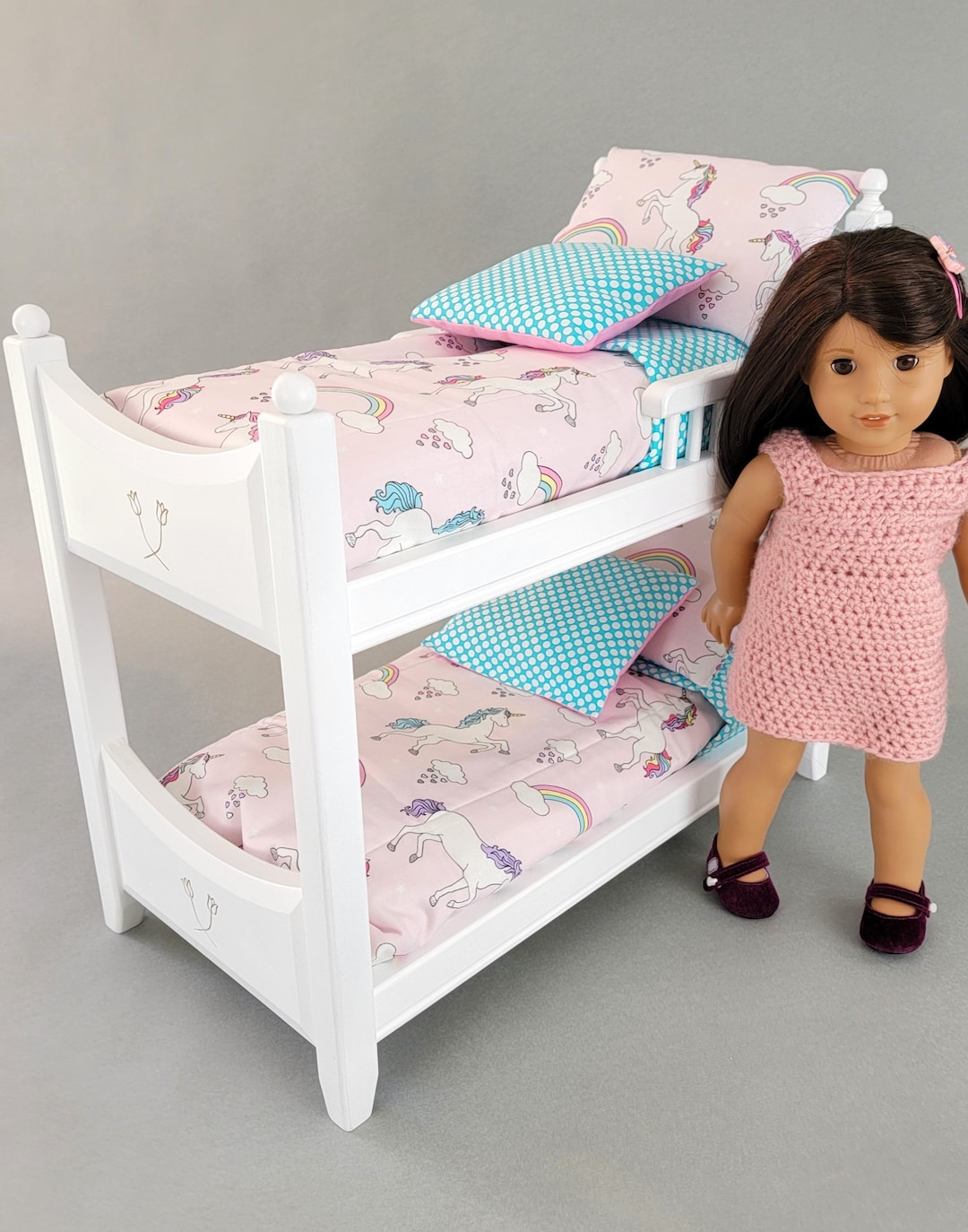 Bunk Bed for 18 Inch Dolls With Unicorn and Rainbow Bedding