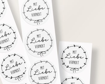 Aufkleber "Mit Liebe verpackt" ∅ 50 mm • Runde Etiketten zum Verpacken und Verzieren von Geschenken oder Bestellungen