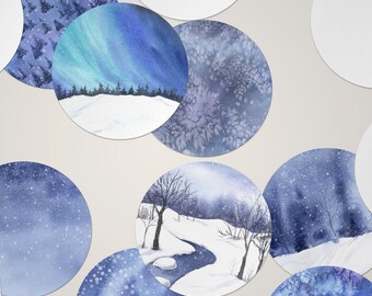 XL Sticker Flakes SET *Winter Forest* • Runde Aquarell Winter Aufkleber für Geschenke, Planer und Journaling
