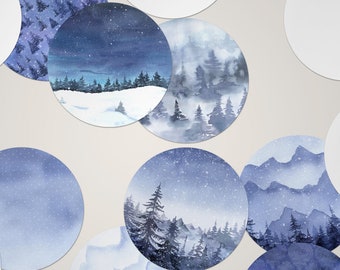 XL Sticker Flakes SET *Blue Winter* • Runde Aquarell Winter Aufkleber für Geschenke, Planer und Journaling