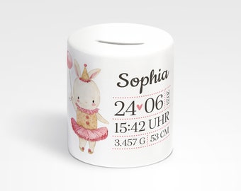 Spardose *Hase* personalisiert mit Name & Geburtsdaten • Sparbüchse für Baby als Geschenk zur Geburt oder Taufgeschenk