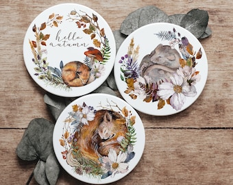 Untersetzer 3er SET aus Keramik *Hello Autumn* für Gläser und Tassen • optional mit Jutesack als Geschenkverpackung oder zur Aufbewahrung