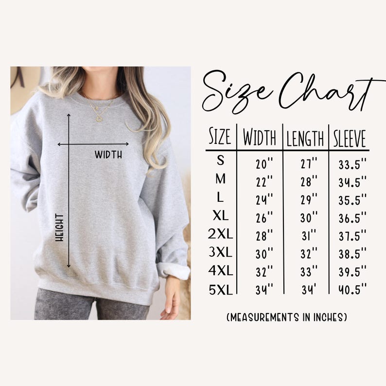 Peut inclure: Un sweat-shirt gris clair avec un tableau des tailles. Le tableau des tailles indique les mesures en pouces pour la largeur, la longueur et la longueur des manches, allant de la taille S &agrave; 5XL. Le texte "Size Chart" est &eacute;crit en cursive.