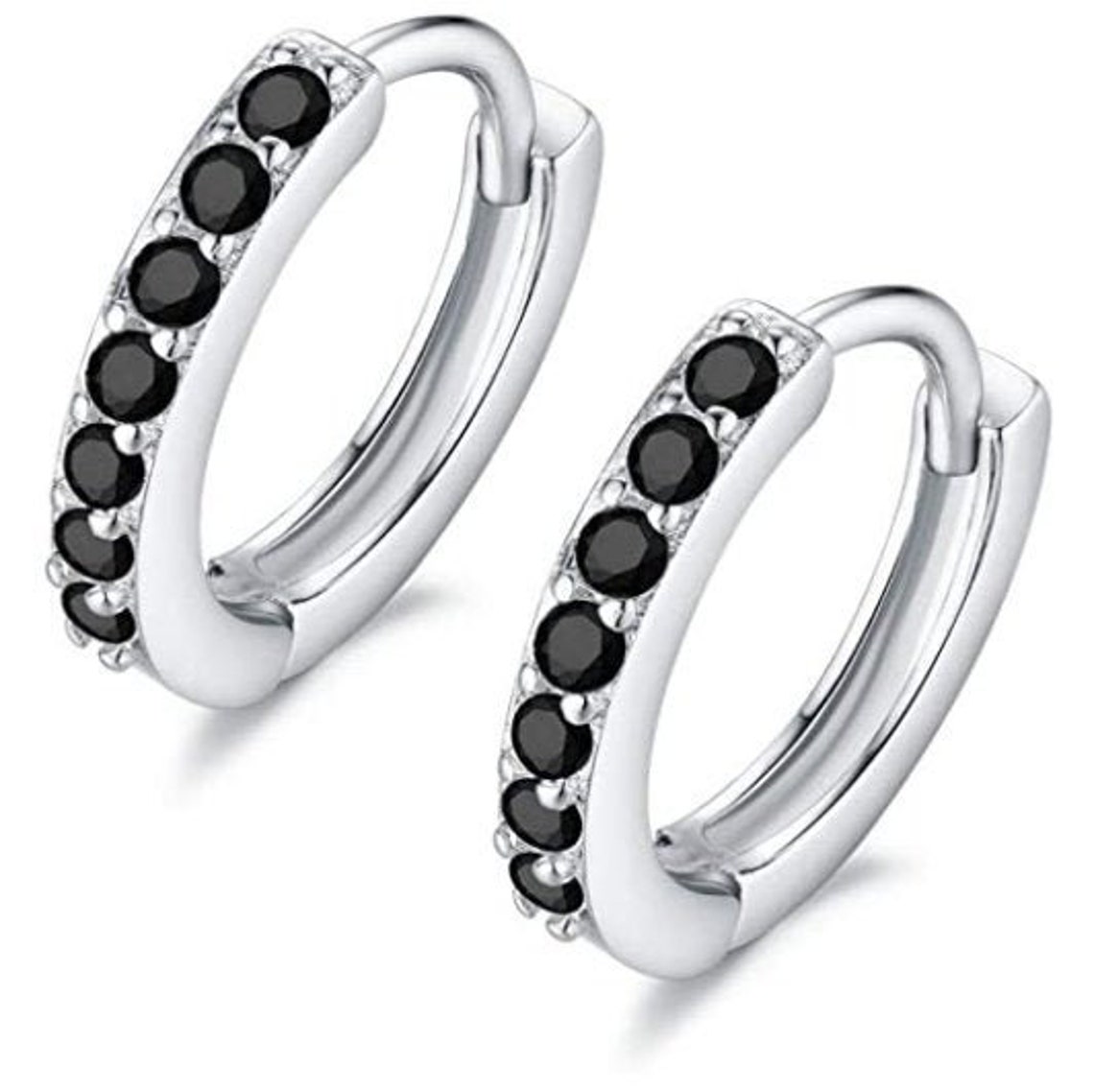 925 Sterling Silver Mini Hoop Earrings with Black and Clear Etsy