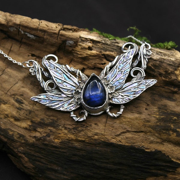 Collier en argent - Fae - Argent, labradorite et abalone sculpté à la main