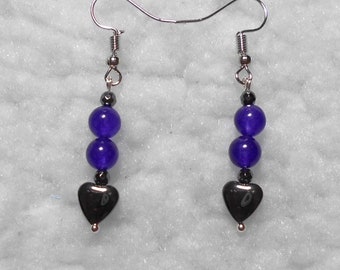 Dangle Earrings, Hematite heart, Purple Quartzite Beads, 48mm long, Handmade.