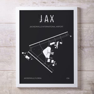 May include: Black and white airport map print with the text "JAX" and "JACKSONVILLE INTERNATIONAL AIRPORT". The map shows the layout of the Jacksonville International Airport in Florida, USA.