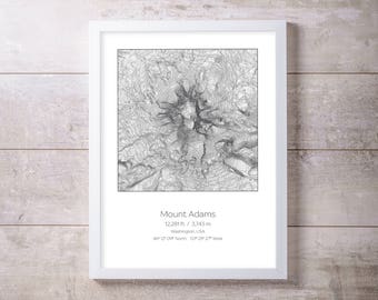 Mount Adams, Washington Topography Elevation Print Wall Art