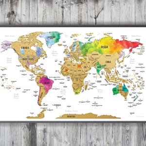 36&quot;x22&quot; - A World of Adventures Travel Map With Gold Color Scratch-off Above Vibrant Watercolor Background