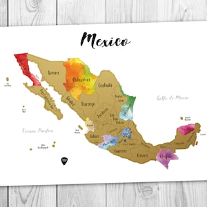 23,5 x 17 pouces - carte du Mexique à gratter ! - Carte aquarelle à gratter - Cadeau pour voyageur - Grande taille 23,5 x 17 po. - Fabriqué aux États-Unis