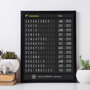 May include: Black and white framed print of a vintage airport departure board with a list of destinations and departure dates. The board reads "ALICE & BRIAN AIRWAYS".