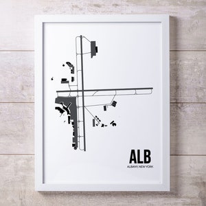 May include: A black and white airport layout diagram with the text "ALB" and "ALBANY, NEW YORK" printed below the diagram.