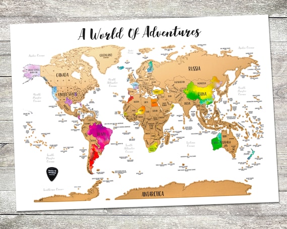 24x18 Scratch off A World of Adventures Travel Map With Gold Color Scratch- off Above Vibrant Watercolor Map. 100% Made in USA 