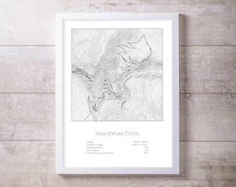 Alpe d'Huez climb, Tour de France Bike raceTopography Elevation Print Wall Art