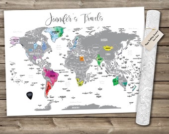 Personalized Scratch Off World Map: Watercolor Travel Tracker, Birthday Gift