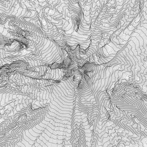 May include: A black and white topographic map showing a mountain range with contour lines.