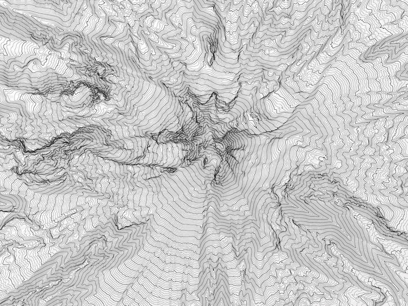 May include: A black and white topographic map showing a mountain range with contour lines.