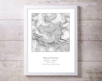 Mt Everest, Nepal China Topography Elevation Print Wall Art