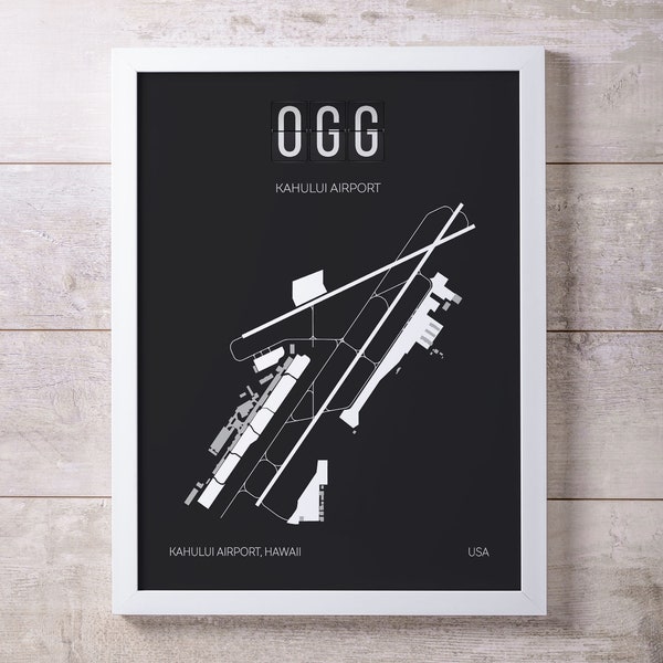 OGG Kahului Airport Map Print, Maui, Hawaii, Home Decor, Minimalist Gift for Aviation Enthusiasts, Gift for Pilots