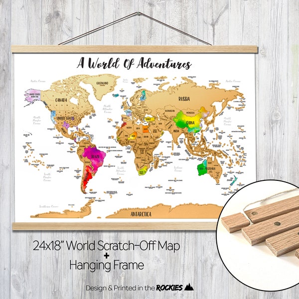 24"x18" - World Scratch Off Travel Map with Hanging Frame. Gold Color Scratch-off Above Vibrant Watercolor Map. 100% Made in USA