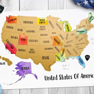 61 x 40 cm - carte des États-Unis d'Amérique à gratter - surface dorée à gratter - aquarelle - fabriqué aux États-Unis