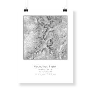 May include: A black and white topographic map of Mount Washington in New Hampshire, USA. The map shows the mountain's elevation contours and surrounding terrain. The text "Mount Washington", "6,288 ft. / 1,917 m", "New Hampshire, USA", "44&deg; 16' 14" North 71&deg; 18' 12" West" is printed below the map.