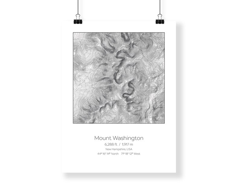 May include: A black and white topographic map of Mount Washington in New Hampshire, USA. The map shows the mountain's elevation contours and surrounding terrain. The text "Mount Washington", "6,288 ft. / 1,917 m", "New Hampshire, USA", "44&deg; 16' 14" North 71&deg; 18' 12" West" is printed below the map.