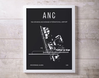ANC Airport Map Print: Minimalist Aviation Art, Alaska Home Decor - Frame not included