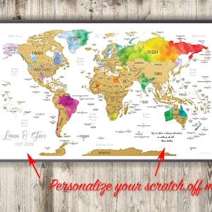 36x22" - Personalized Large Scratch A World of Adventures Travel Map With Gold Color Scratch-off Above Vibrant Watercolor Background
