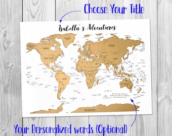 Scratch-off Personalized Map - A World of Adventures! - Golden Scratch-off surface - Watercolor - Large size 17x23.5" - Made in USA