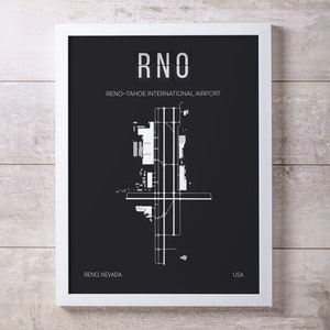 Impression de carte de l'aéroport international RNO Reno-Tahoe, Nevada, décoration minimaliste, cadeau pour les passionnés d'aviation, cadeau pour les pilotes
