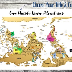 23.5"x17" - BE UNIQUE! Scratch Off Upside Down World Travel Map! With Gold Color Scratch-off Above Vibrant Watercolor Map. 100% Made in USA