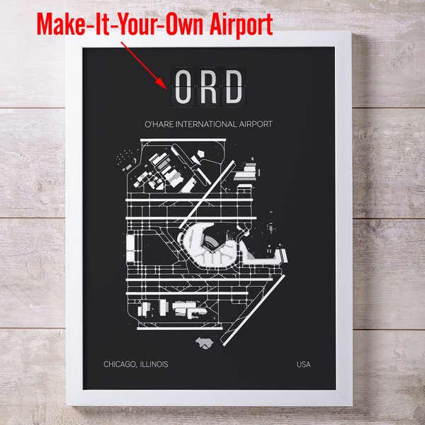 CRÉEZ VOTRE PROPRE art mural avec carte d'aéroport, cadeau d'aviation, cadeau pour les voyageurs, affiche de schéma d'aéroport - cadre non inclus