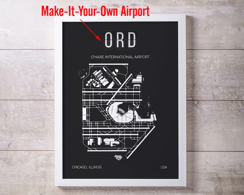 Puede incluir: Impresi&oacute;n en blanco y negro de una disposici&oacute;n de aeropuerto con el texto "Make-It-Your-Own Airport" y "ORD O'HARE INTERNATIONAL AIRPORT" sobre un mapa del aeropuerto. El texto "CHICAGO, ILLINOIS" y "USA" se encuentra en la parte inferior de la impresi&oacute;n.