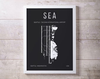 SEA Seattle Tacoma SEATAC Airport Print Map Wall Art - Frame not included