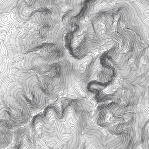 May include: A black and white topographic map showing a mountainous region with contour lines.