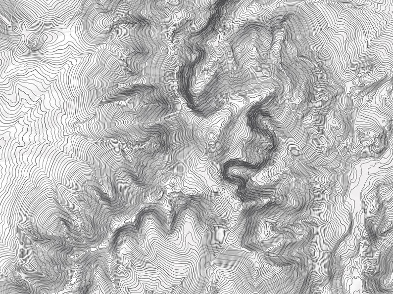 May include: A black and white topographic map showing a mountainous region with contour lines.