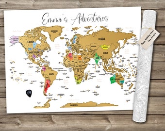 Mapa del mundo personalizado para raspar: Rastreador de viajes de acuarela, regalo de cumpleaños