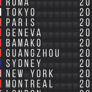 Puede incluir: Un tablero de salida de aeropuerto en blanco y negro con una lista de ciudades y a&ntilde;os. Las ciudades incluyen Roma, Tokio, Par&iacute;s, Ginebra, Bamako, Guangzhou, Sydney, Nueva York, Montreal y Londres. Los a&ntilde;os van de 2006 a 2015.