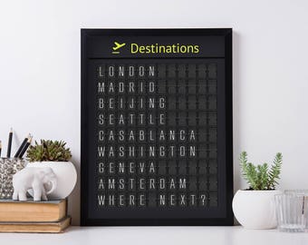 Tableau d'aéroport de destinations imprimé, personnalisé pour vous (avec des lettres fines)