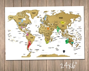 Carte du monde à gratter : tracker de voyage doré et aquarelle (24 x 16 po.)