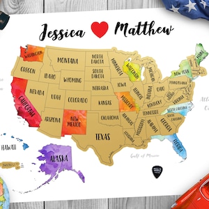 61 x 40 cm - carte des États-Unis d'Amérique à gratter personnalisée - surface dorée à gratter - aquarelle - fabriqué aux États-Unis